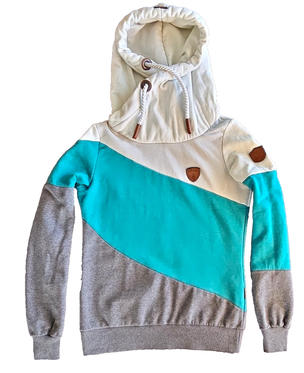 Wanakome Selene Peacock Mix Hoodie Womens M Teal Gray Cream Cowl Neck